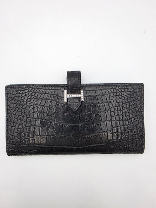 Hermès Béarn Long Wallet Alligator Leather In Noir with Diamond H Clasp