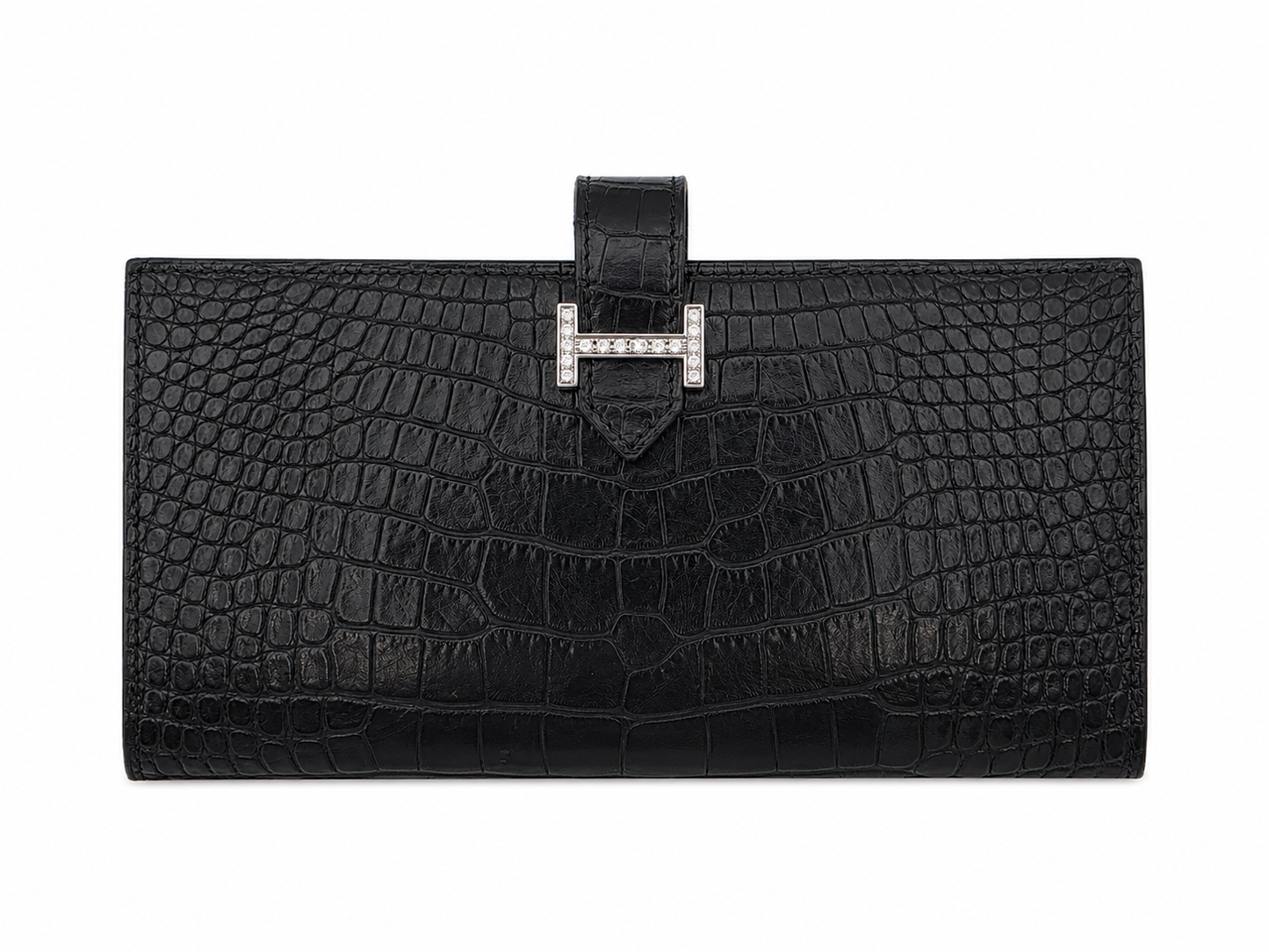 Hermès Béarn Long Wallet Alligator Leather In Noir with Diamond H Clasp