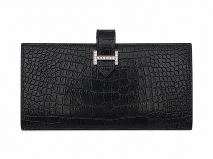 Hermès Béarn Long Wallet Alligator Leather In Noir with Diamond H Clasp