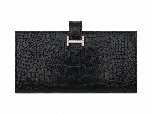Hermès Béarn Long Wallet Alligator Leather In Noir with Diamond H Clasp