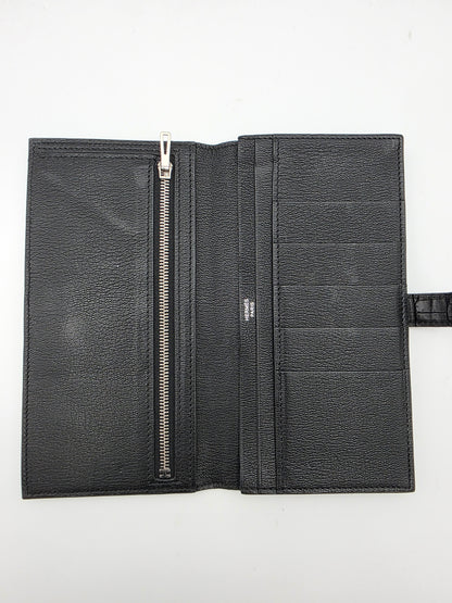 Hermès Béarn Long Wallet Alligator Leather In Noir with Diamond H Clasp