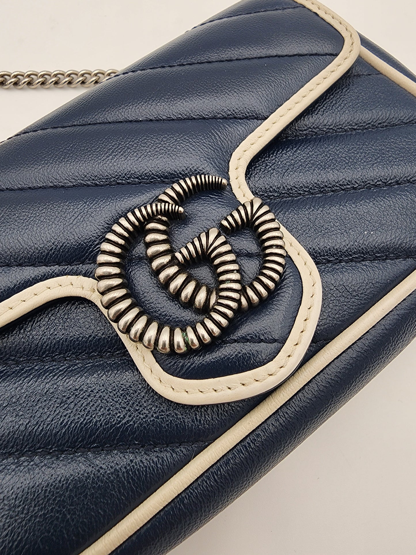 Gucci Marmont Super Mini Torchon Bag In Navy Blue Calfskin Leather