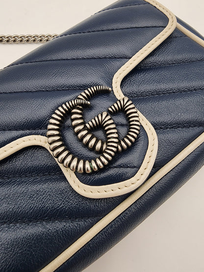 Gucci Marmont Super Mini Torchon Bag In Navy Blue Calfskin Leather