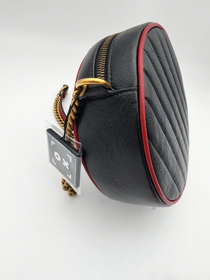 Gucci GG Marmont Mini Round Shoulder Bag In Black Matelasse Calfskin Leather With Red Piping