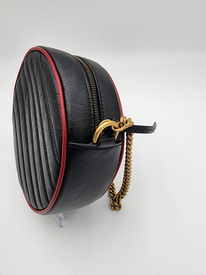 Gucci GG Marmont Mini Round Shoulder Bag In Black Matelasse Calfskin Leather With Red Piping