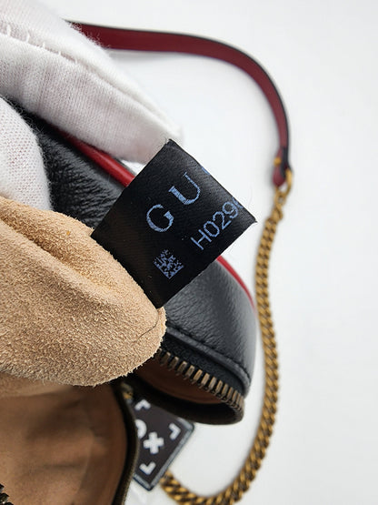 Gucci GG Marmont Mini Round Shoulder Bag In Black Matelasse Calfskin Leather With Red Piping