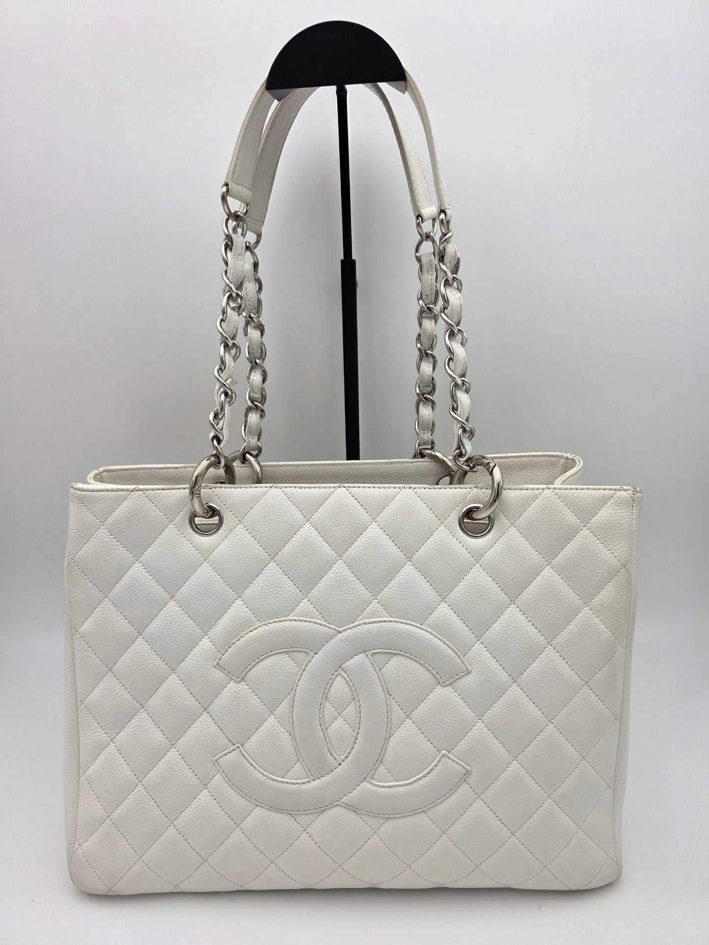 Chanel Grand Shopping Tote In White Quilted Caviar Leather