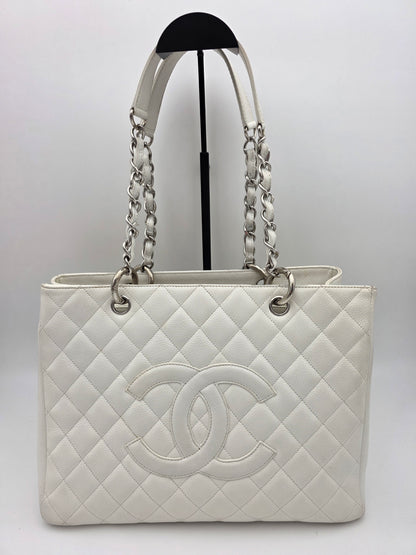 Chanel Grand Shopping Tote In White Quilted Caviar Leather