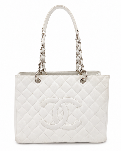 Chanel Grand Shopping Tote In White Quilted Caviar Leather