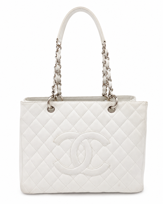 Chanel Grand Shopping Tote In White Quilted Caviar Leather