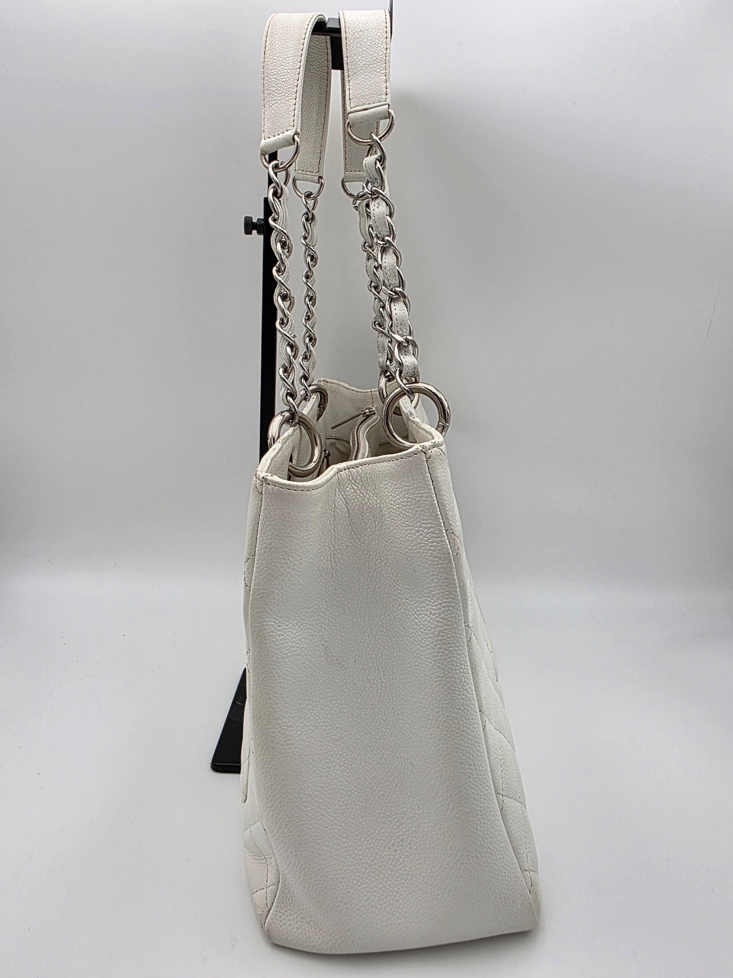 Chanel Grand Shopping Tote In White Quilted Caviar Leather