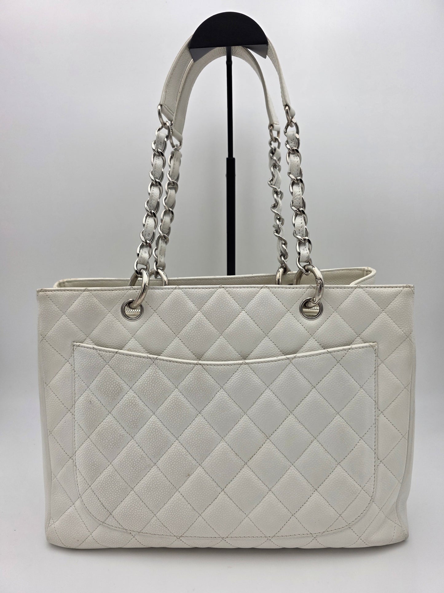 Chanel Grand Shopping Tote In White Quilted Caviar Leather