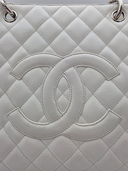 Chanel Grand Shopping Tote In White Quilted Caviar Leather
