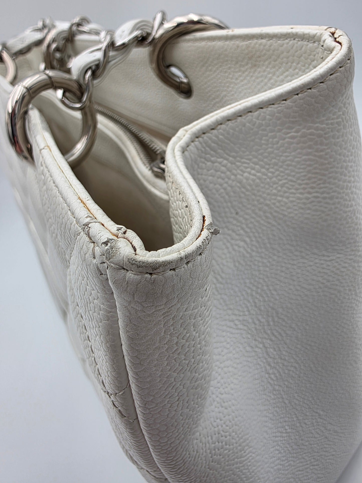 Chanel Grand Shopping Tote In White Quilted Caviar Leather