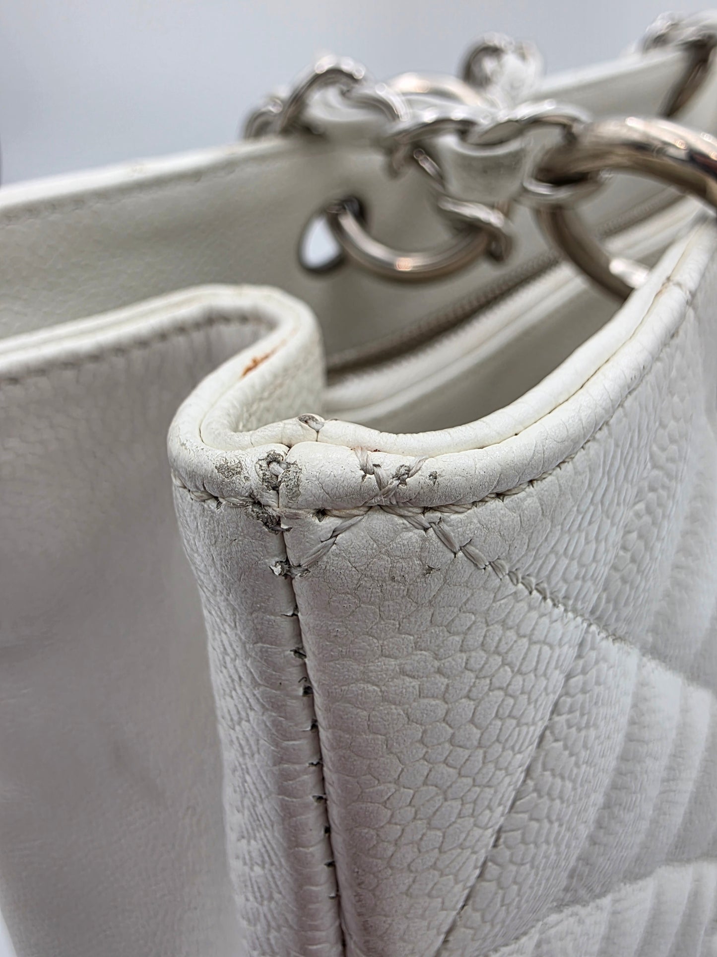 Chanel Grand Shopping Tote In White Quilted Caviar Leather