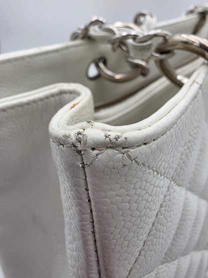 Chanel Grand Shopping Tote In White Quilted Caviar Leather