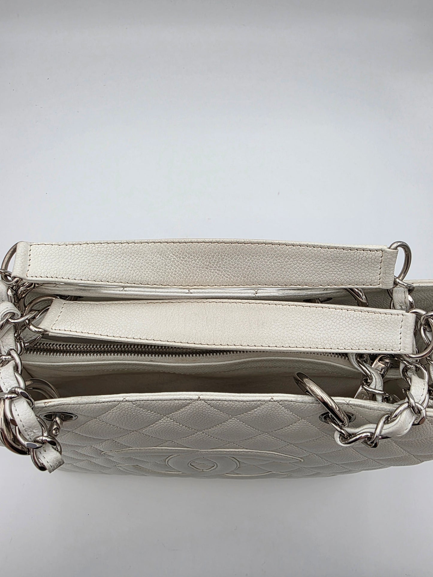 Chanel Grand Shopping Tote In White Quilted Caviar Leather