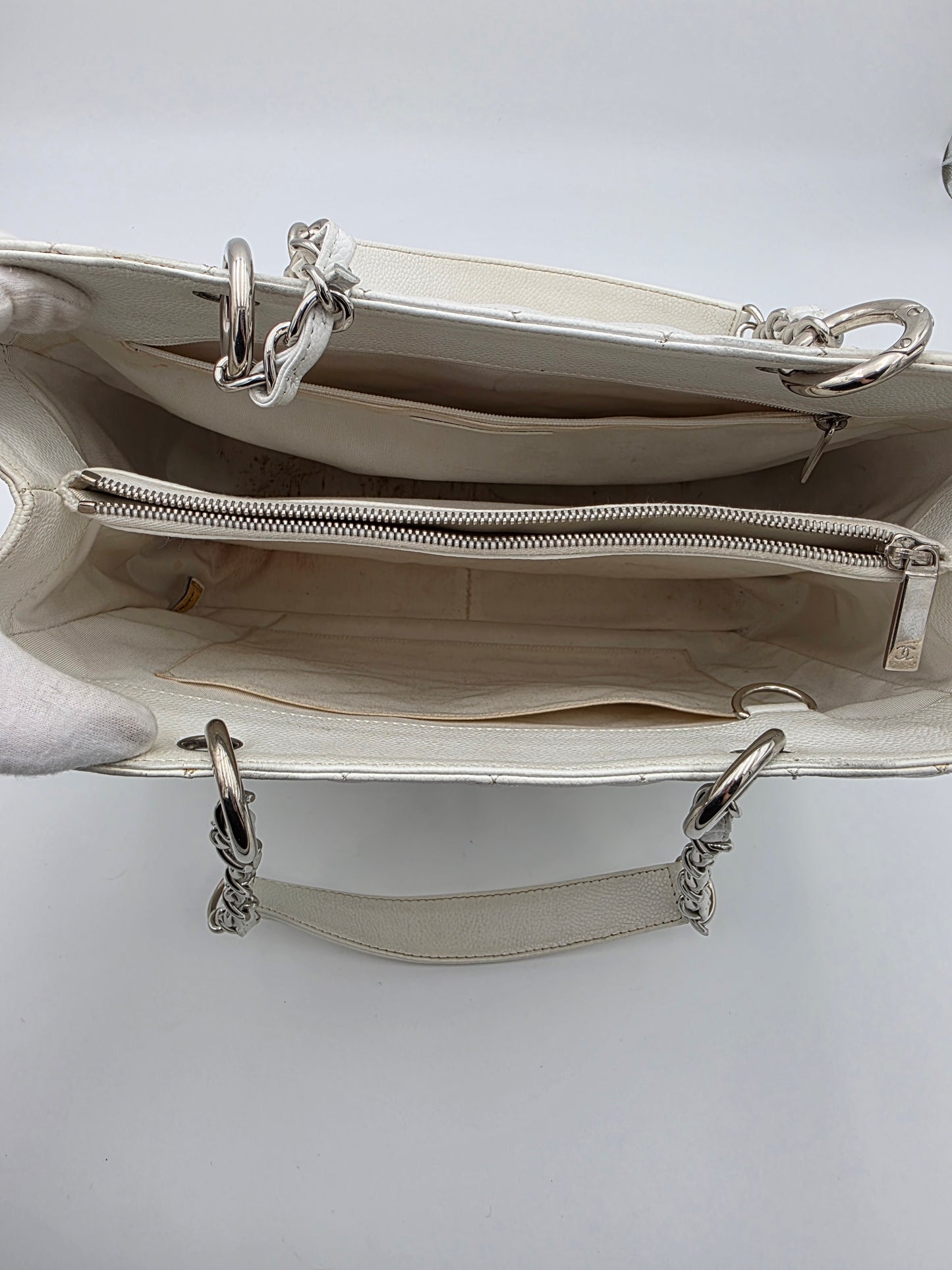 Chanel Grand Shopping Tote In White Quilted Caviar Leather