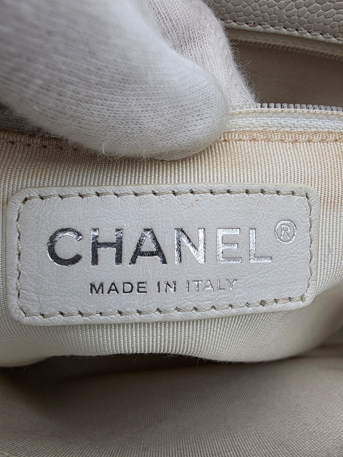 Chanel Grand Shopping Tote In White Quilted Caviar Leather