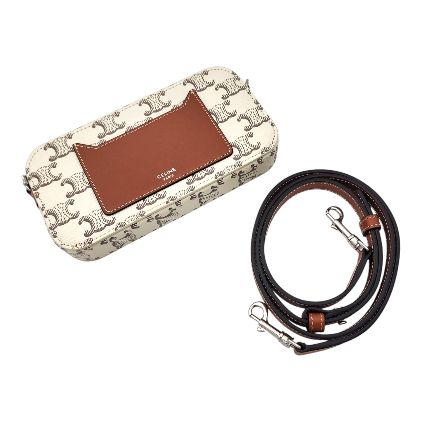 Celine Triomphe Canvas and Calfskin Horizontal Pouch White Tan