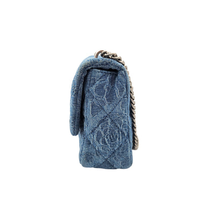 Chanel Denim Quilted Camellia Sweetheart Mini Flap Blue SHW