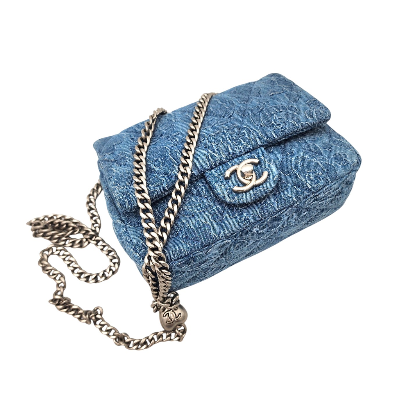 Chanel Denim Quilted Camellia Sweetheart Mini Flap Blue SHW