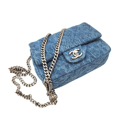 Chanel Denim Quilted Camellia Sweetheart Mini Flap Blue SHW