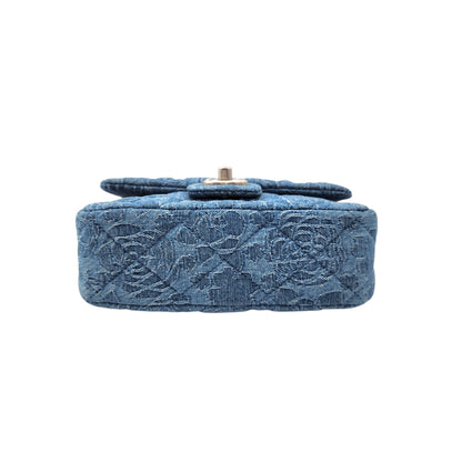 Chanel Denim Quilted Camellia Sweetheart Mini Flap Blue SHW