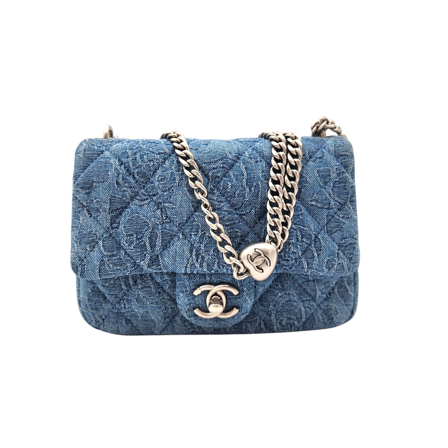 Chanel Denim Quilted Camellia Sweetheart Mini Flap Blue SHW