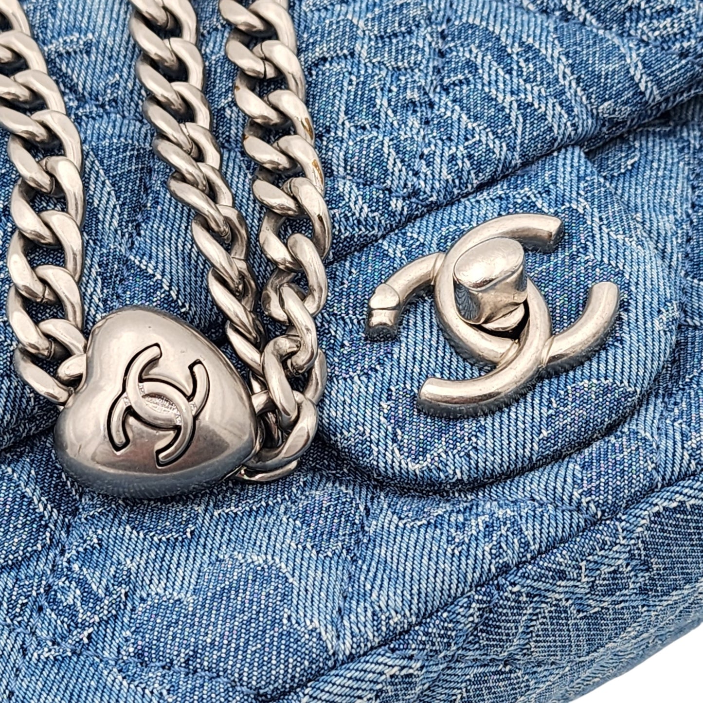 Chanel Denim Quilted Camellia Sweetheart Mini Flap Blue SHW