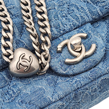 Chanel Denim Quilted Camellia Sweetheart Mini Flap Blue SHW