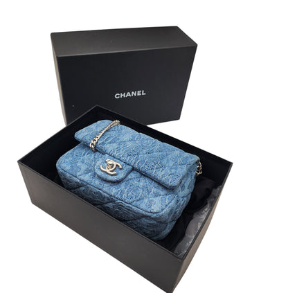 Chanel Denim Quilted Camellia Sweetheart Mini Flap Blue SHW