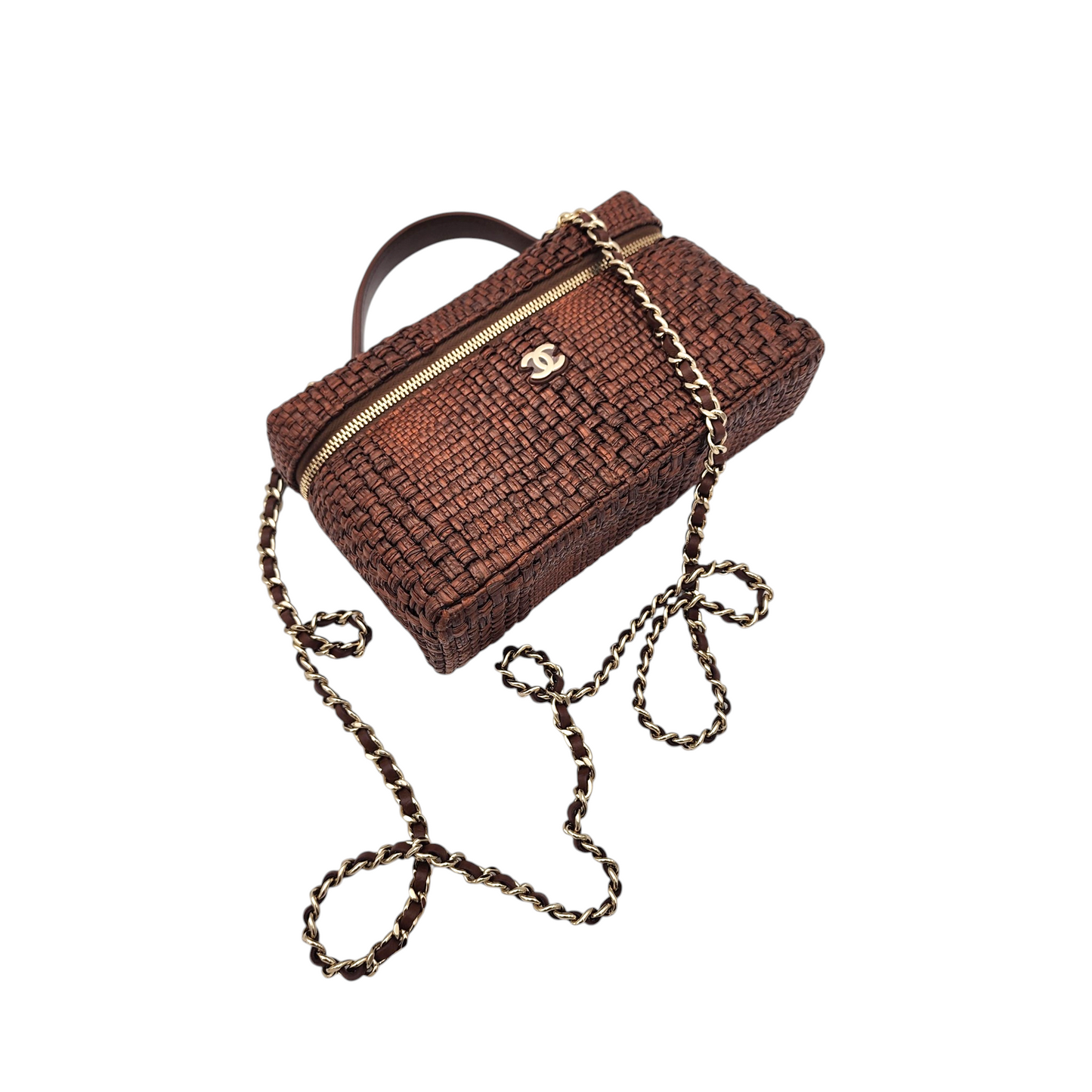 Chanel Braided Raffia S/S26 Quilted Top Handle Slim Vanity Case with Chain Brown Light GHW