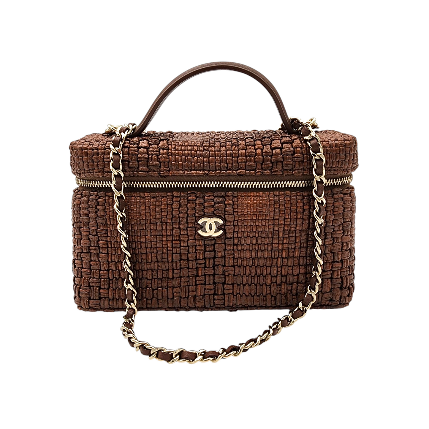 Chanel Braided Raffia S/S26 Quilted Top Handle Slim Vanity Case with Chain Brown Light GHW