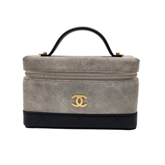 Chanel Suede Calfskin Quilted Top Handle Slim Vanity Case with Chain Grey Black GHW