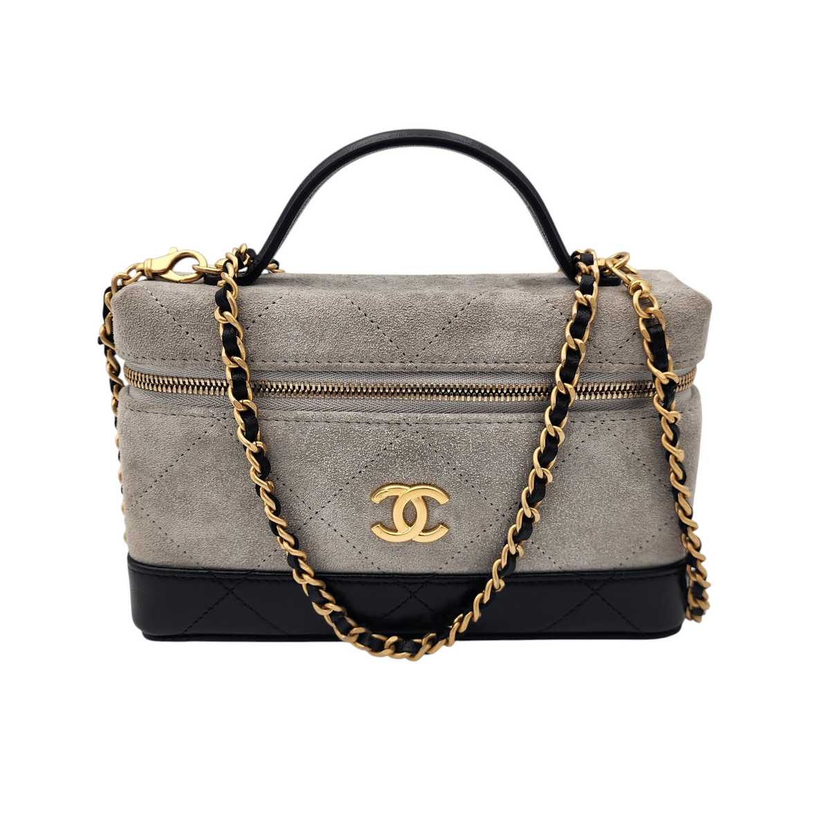 Chanel Suede Calfskin Quilted Top Handle Slim Vanity Case with Chain Grey Black GHW