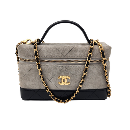 Chanel Suede Calfskin Quilted Top Handle Slim Vanity Case with Chain Grey Black GHW