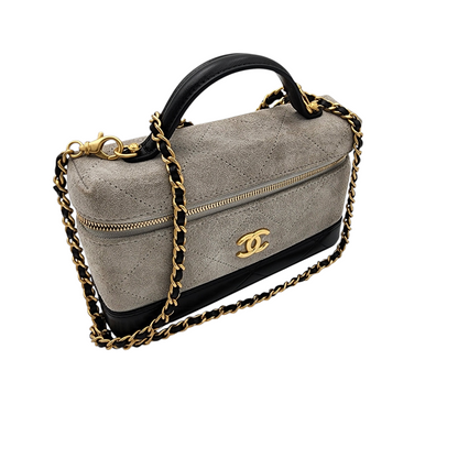Chanel Suede Calfskin Quilted Top Handle Slim Vanity Case with Chain Grey Black GHW