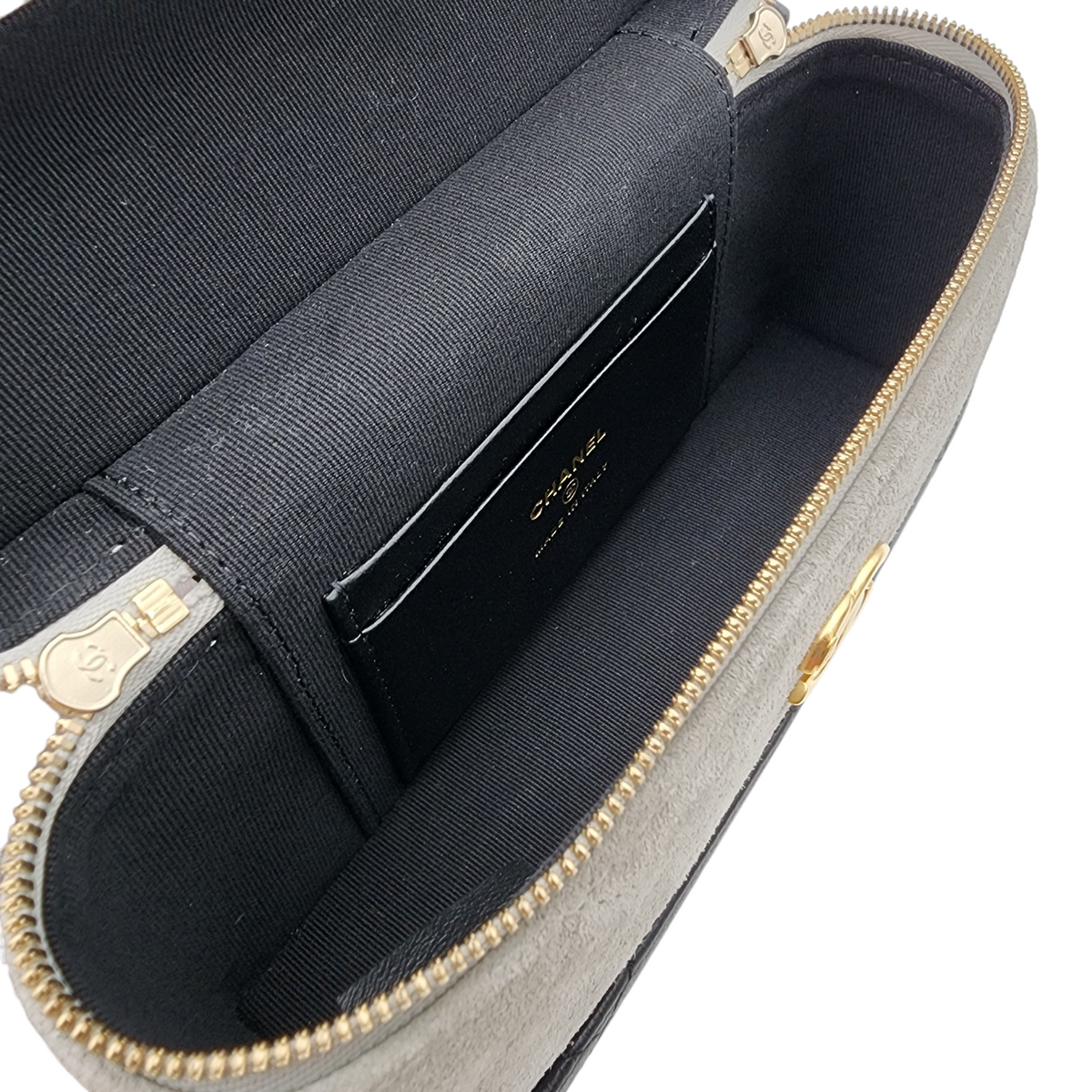 Chanel Suede Calfskin Quilted Top Handle Slim Vanity Case with Chain Grey Black GHW