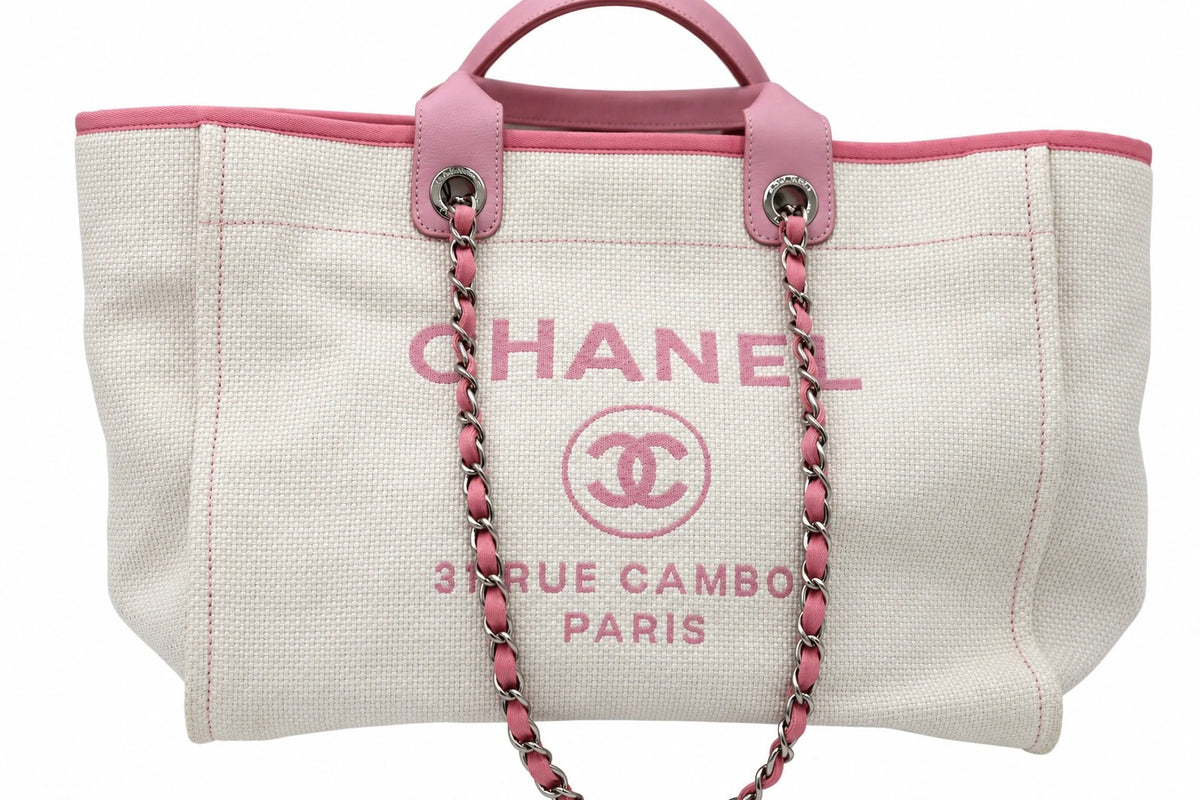 Chanel Canvas Deauville Tote Beige Pink SHW