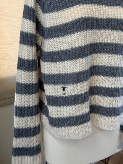 Dior Beige-Gray Striped Bee Embroidered Turtleneck Sweater
