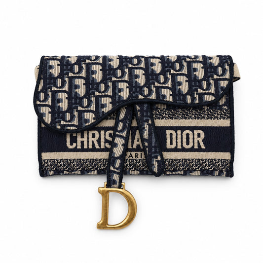Dior Oblique Canvas Saddle Chain Pouch Navy Beige GHW
