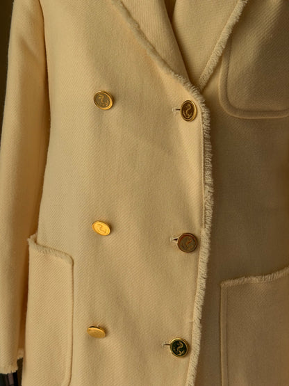 Thom Browne Beige Double-Breasted Gold-Button Wool Blazer