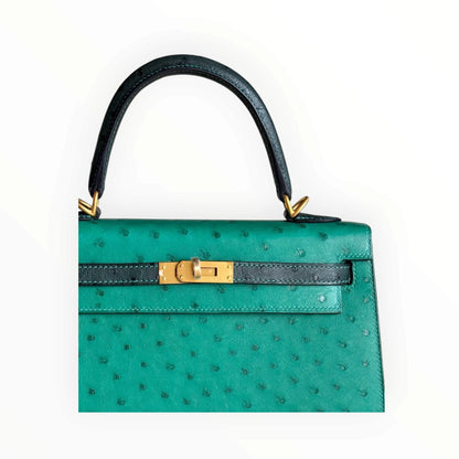 Hermès Kelly 25 Ostrich Leather, Turquoise and Black, Gold Hardware