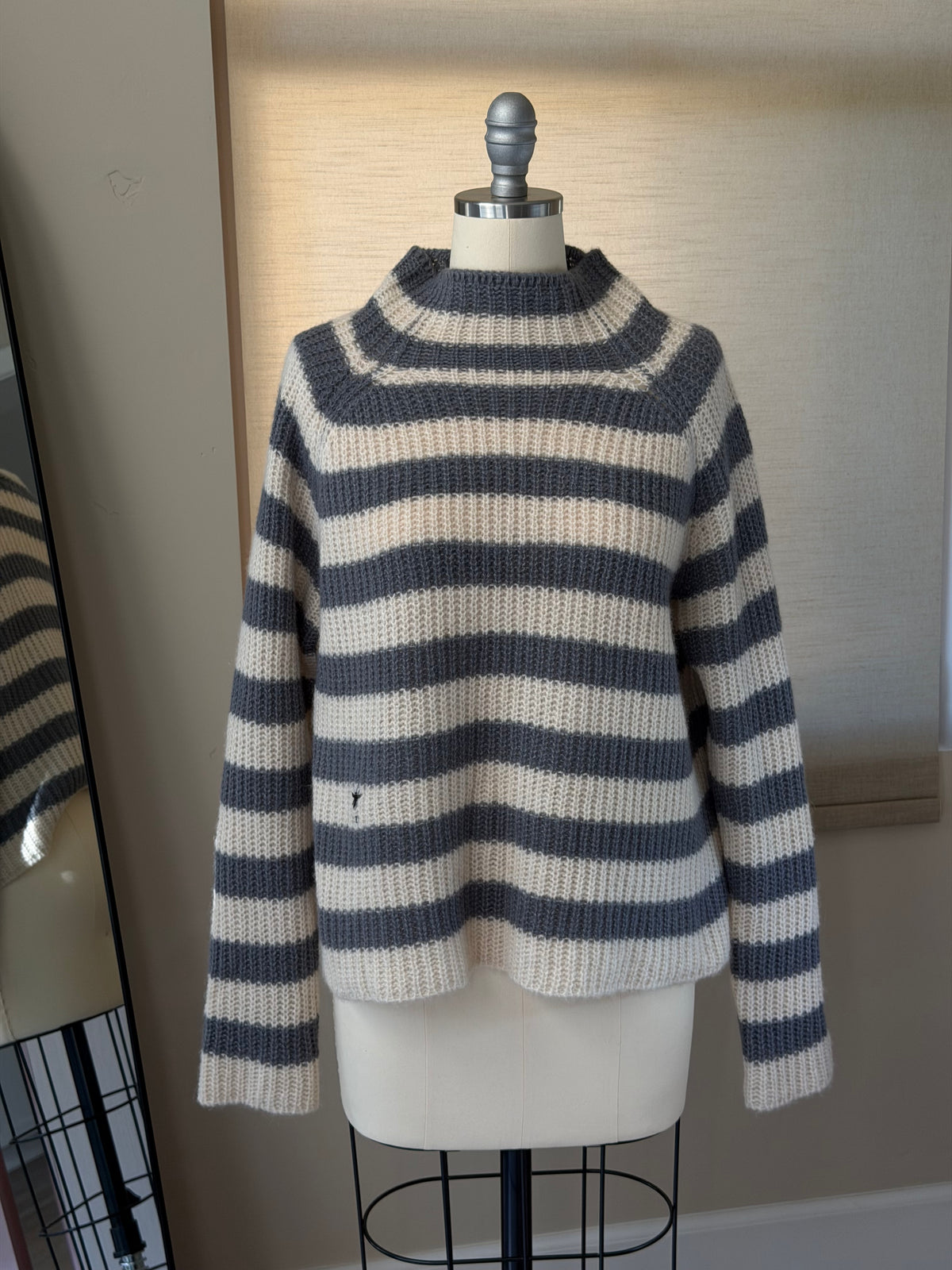 Dior Beige-Gray Striped Bee Embroidered Turtleneck Sweater