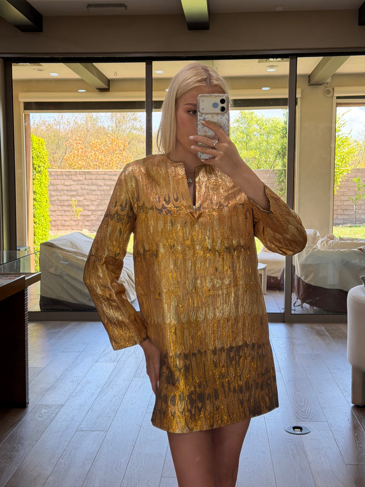Valentino Gold Embroidered V Dress