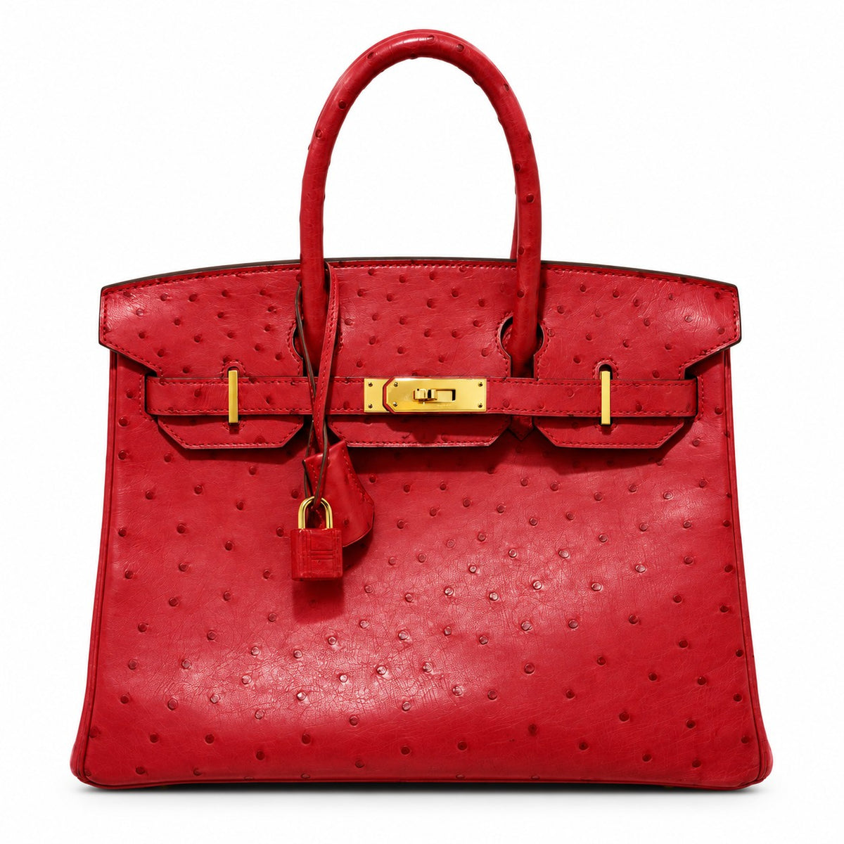 Hermès Birkin 30 Ostrich Leather, Rouge Vif, Gold Hardware, A Stamp
