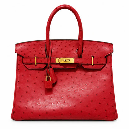 Hermès Birkin 30 Ostrich Leather, Rouge Vif, Gold Hardware, A Stamp