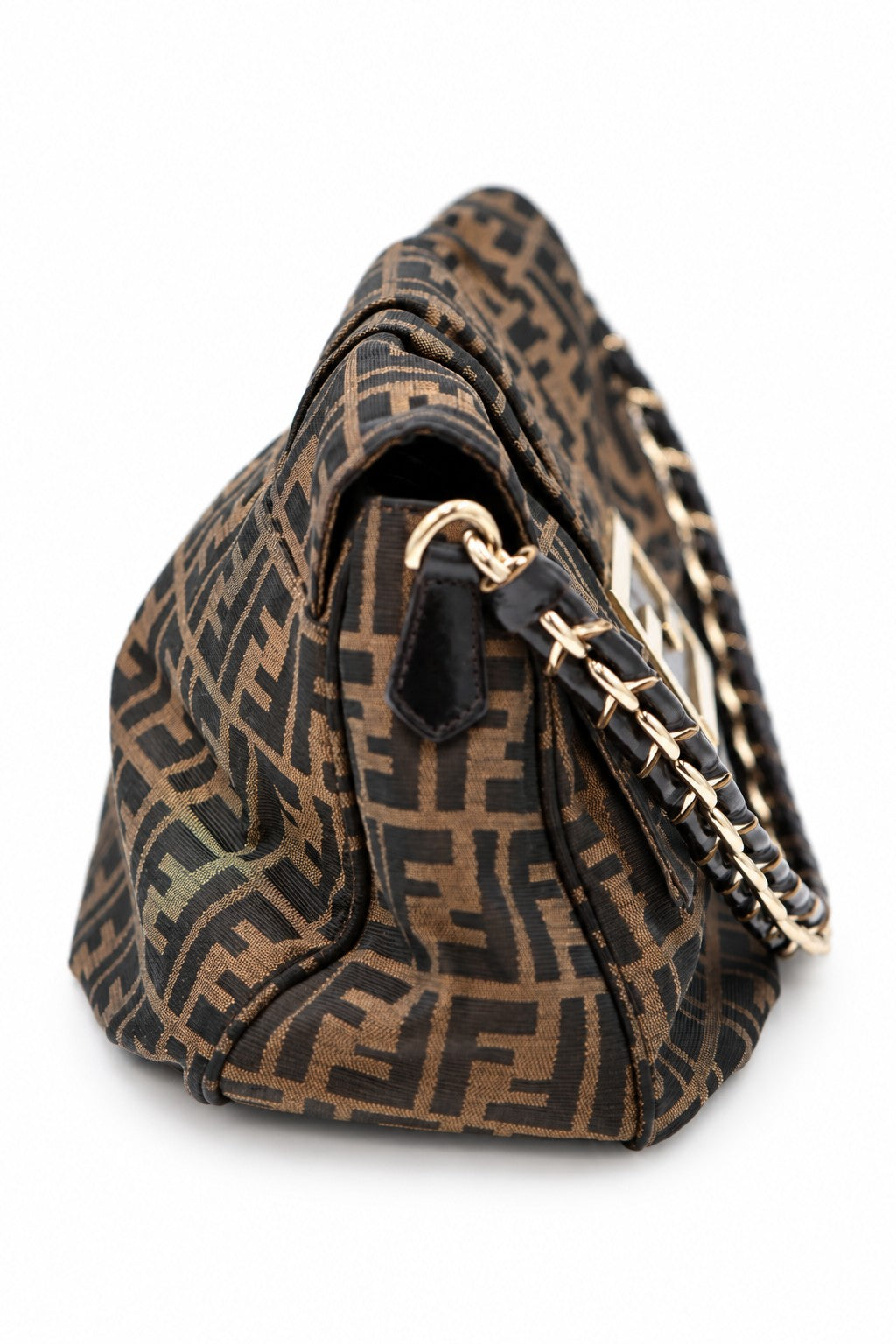 Fendi Tobacco Zucca Canvas and Patent Leather Mia Flap Shoulder Bag