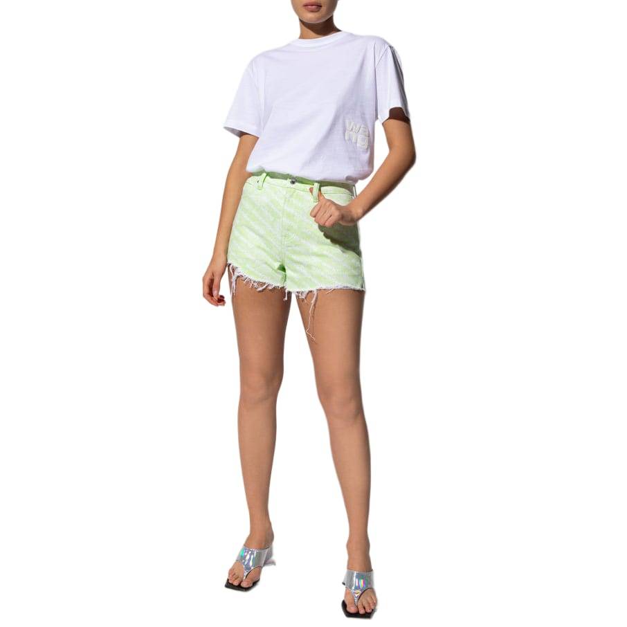 Alexander Wang Bite High Rise Green Logo Print Cut Off Denim